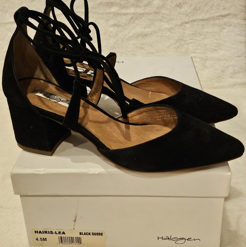 Halogen Hairis-Lea Black Suede Ankle Tie Heel 4.5